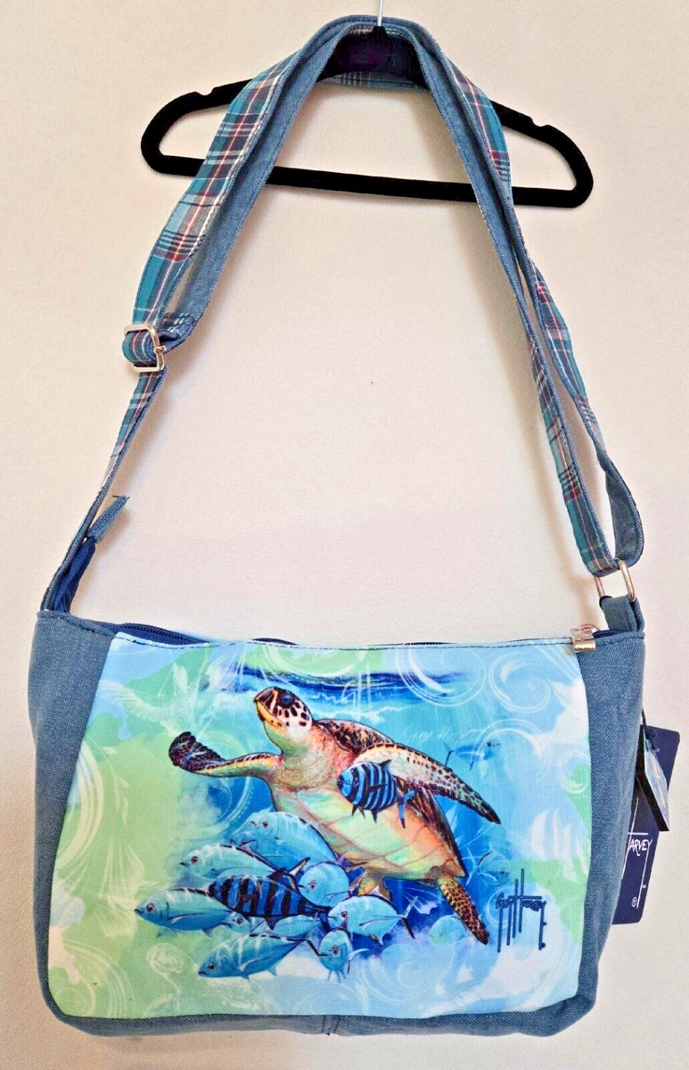 Guy Harvey Blue Sea Turtle Crossbody Bag - Cotton Canvas Shoulder Bag With Interior Pocket - View #10