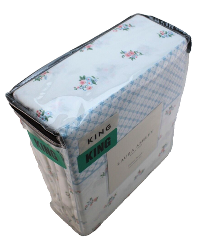 LAURA ASHLEY Harperette King Size Pink/Blue Floral 100% Cotton Percale Sheet Set - Picture 3 of 9