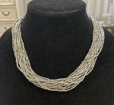 Vintage Silver Tone Seed Beaded Multi Layered Choker Collar Statement Necklace