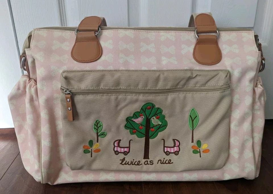 NWOT Pink Lining Brand Twins Bag Diaper Bag W/Accessories Cream Bows on Pink New - image 3 of 4