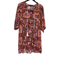 Gigio NEW Boho Tassel Short Flowy Size Small Mixed Merlot Floral