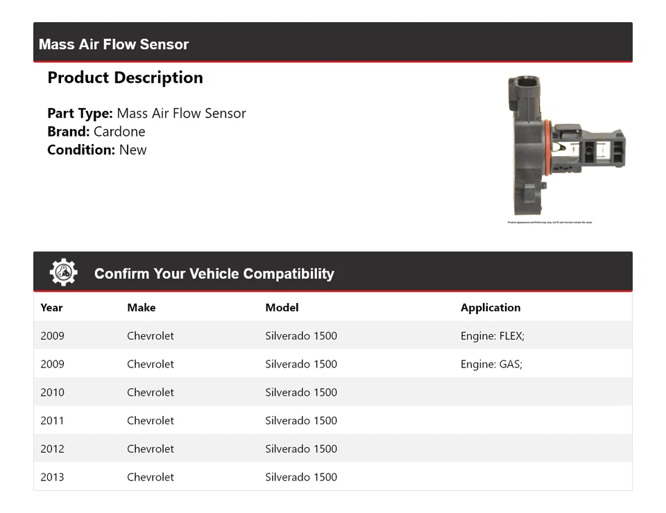 Sensor de flujo de aire masivo Cardone 2010 2011 para Chevrolet Silverado 1500 2009-2013 Foto 2 de 4