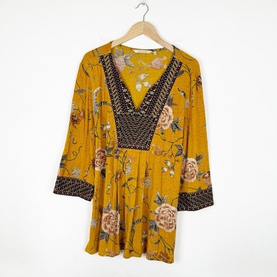 Soft Surroundings Etana Floral Embroidered Tunic Top Womens XL Antique Gold Boho