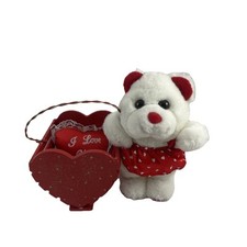 Vtg Valentine  s Day Soft Plush Stuffed Teddy Bear  Basket Love Hearts Red White
