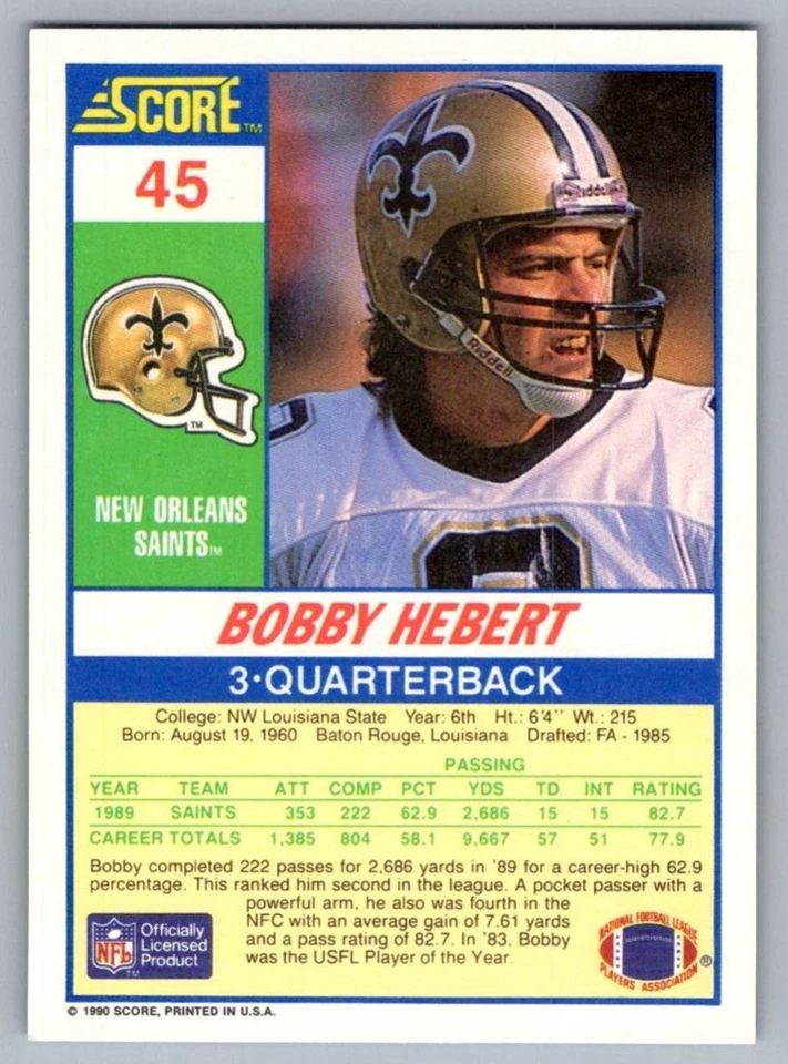 1990 Score Bobby Hebert New Orleans Saints #45 - Image 2 of 2