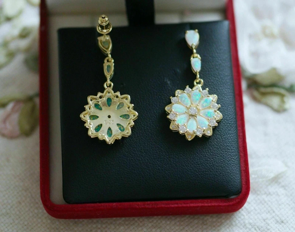 3.00CT Pear Cut Opal Lab Created Drop Dangle Cluster Earrings 14k Gold Plated - Image 3 of 4