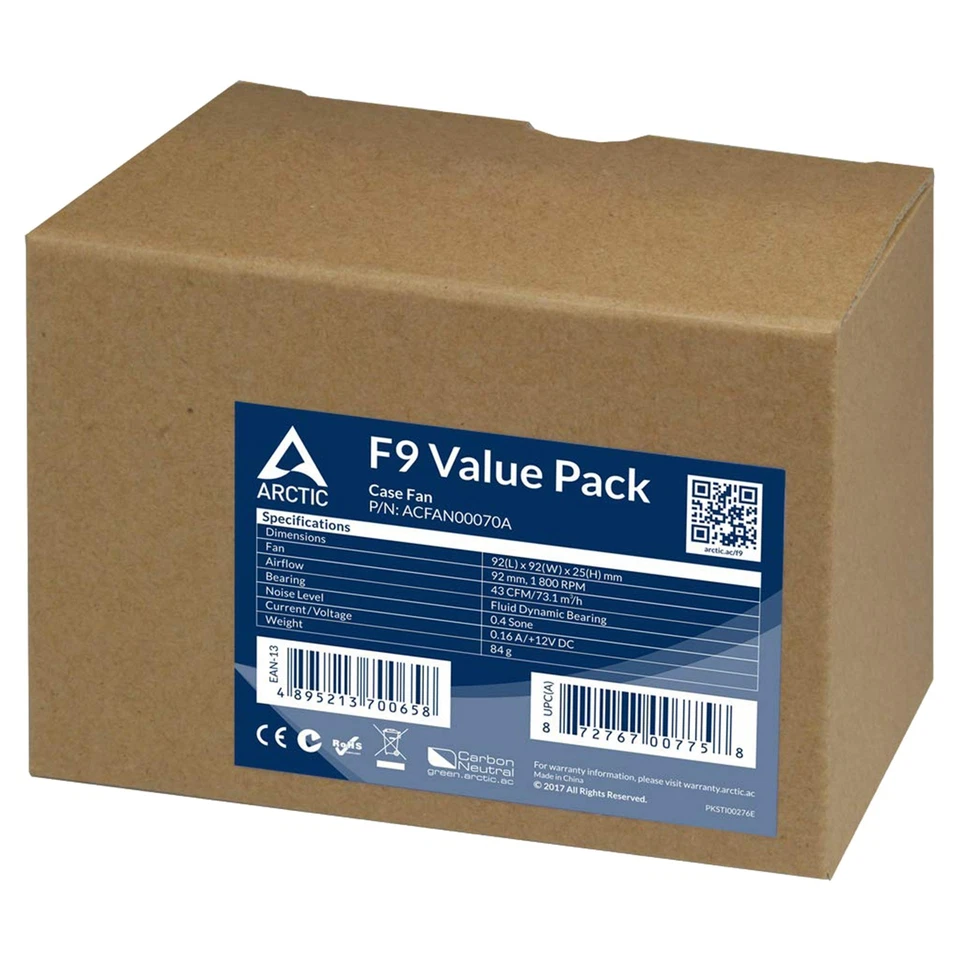 5 x Arctic F9 Value Pack 92mm PC Case Fans 1800 RPM 43 CFM 3-Pin ACFAN00070A - Image 3 of 3