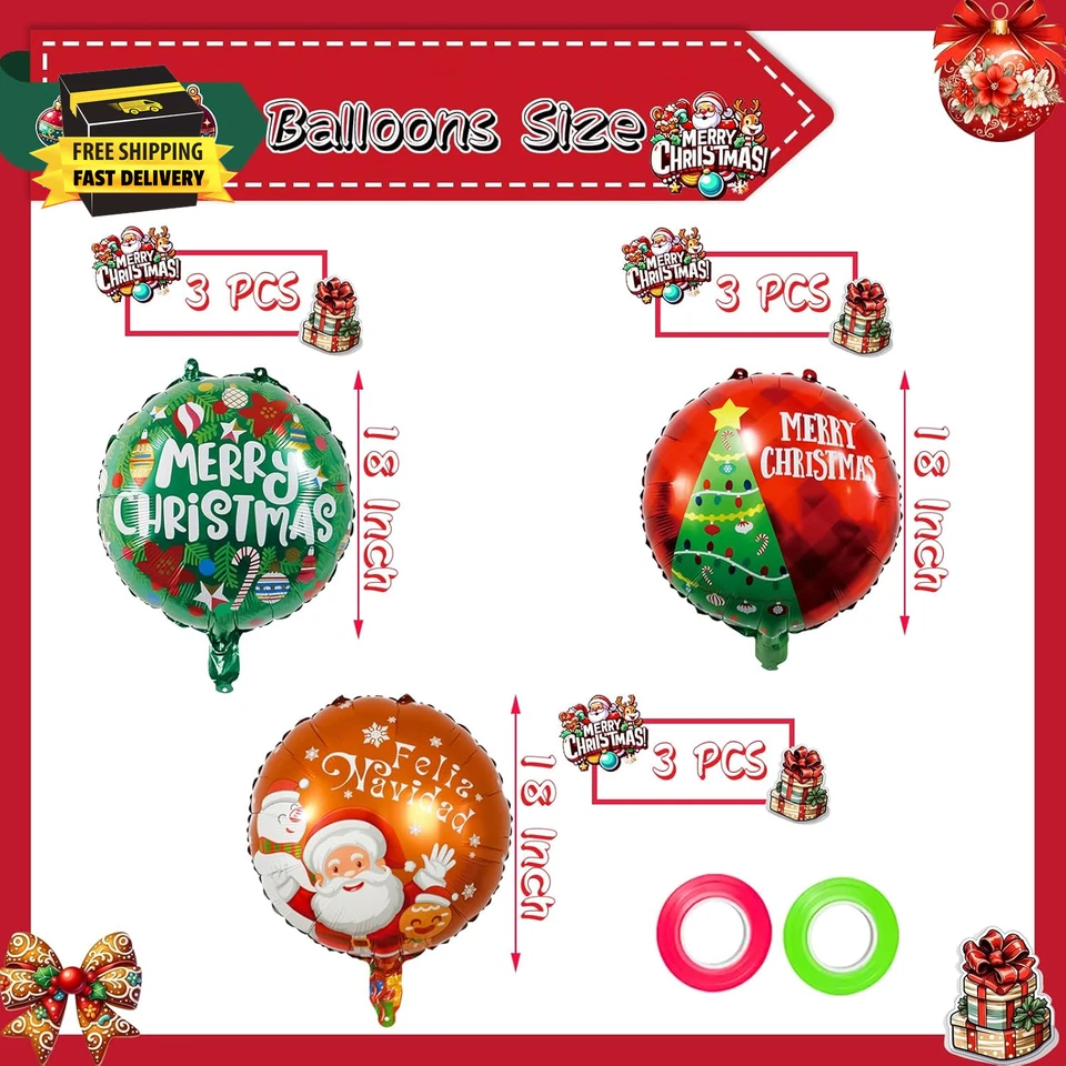 9 PCS Christmas Balloons Party Decoration, Green Red Brown round Ball Foil Ballo - Image 2 of 4