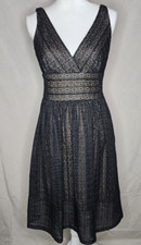 Maggy London Dress 6 Black Lace Overlay Fit Flare Sleeveless V Neck Cocktail