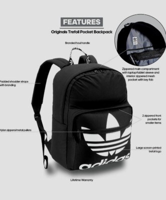 New Adidas Originals Trefoil Pocket Backpack Black/White