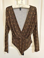 Windsor Bodysuit Medium Black & Brown Open V-Neck Snap Stretch Thong Long Sleeve