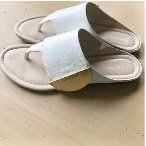 CALVIN KLEIN CK Behati 6 White Tumbled Leather Flip Flop Summer Sandals Slippers
