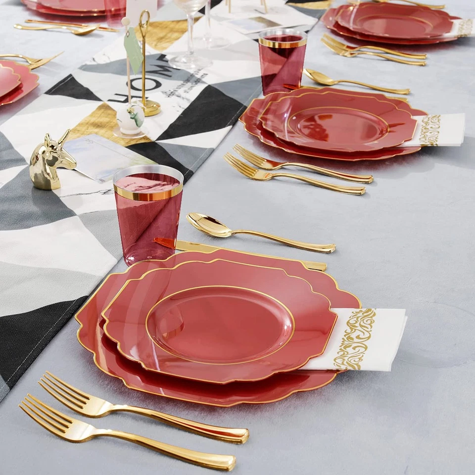 Platos de plástico rojo 140 un., platos de plástico dorado servidos para 20 invitados incluyen 20... Foto 4 de 4