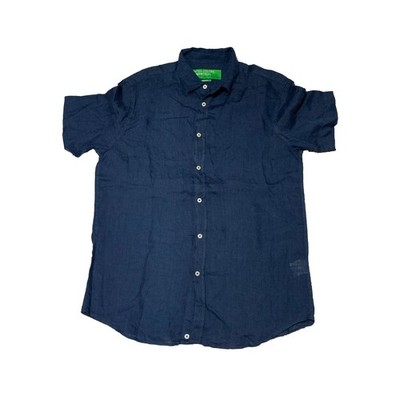 United Colors of Benetton Men's Large Blue Linen Short Sleeve Button Up Shirt