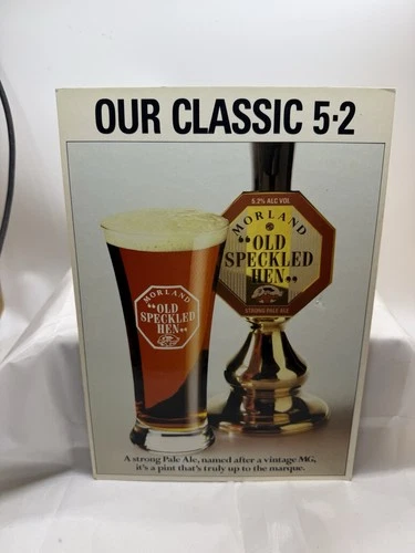 Morland Old Speckled Hen 5.2% ale cardboard easel back beer sign "vintage MG"