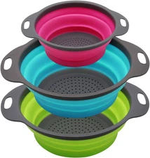 Qimh Collapsible Colander Set of 3 Round Silicone Kitchen green,blue, purple 