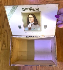 Vintage Wm. Penn Wooden Cigar Box by General Cigar Co. State of PA 5 Cent Cigars