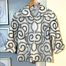 D&Y Evening Black and White Embroidered Swirl Pattern Full Zip Top Size S