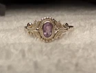 VTG 1980'S STERLING SILVER LEAF ETRUSCAN WORK AMETHYST STONE DAINTY RING SIZE 8