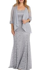 R M Richards Silver Metallic Lace Sheath Dress  Sheer 3/4 Sleeve Jacket 14 NWT