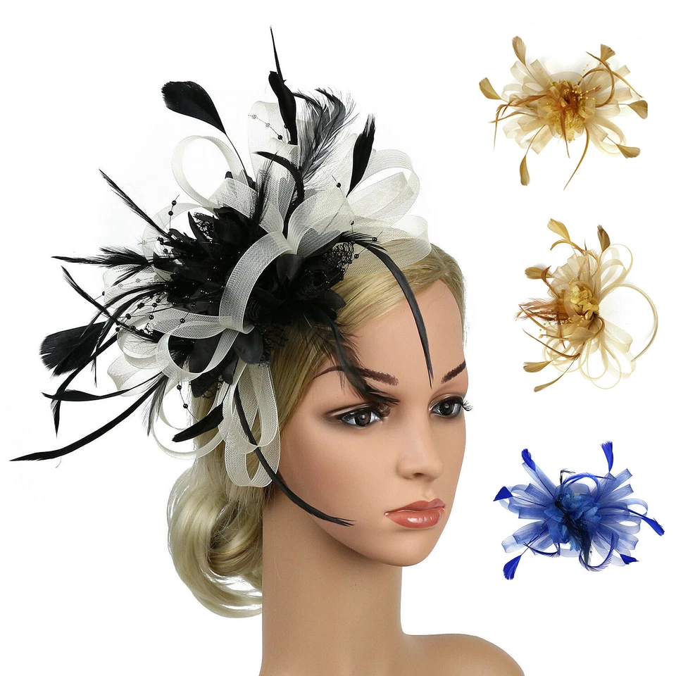Women Fascinator Hat Feather Flower Headband Wedding Party Headwear Hair Clip - Image 4 of 4