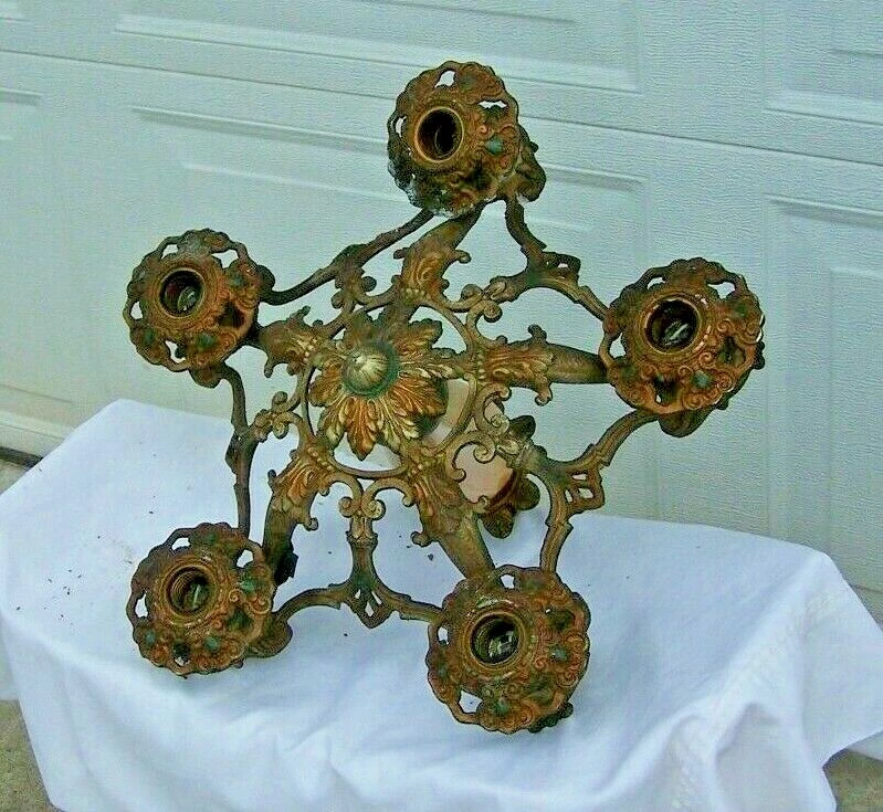 Antique Art Nouveau Cast Metal /Iron Polychrome Chandlier /Light Fixture 1920 #1 - Image 3 of 4