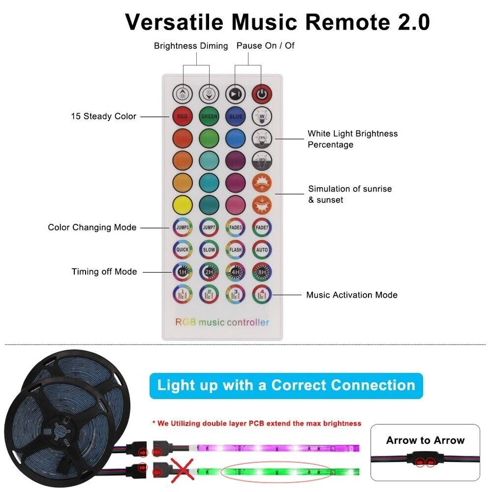 LED Strip Lights RGB Music Bluetooth Remote Control Flexible Lamp Party Bar Home - Image 4 of 4