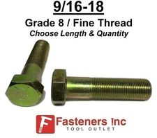 9/16-18 Hex Bolt Yellow Zinc Grade 8 Cap Screw Fine Thread (Choose Size & Qty)