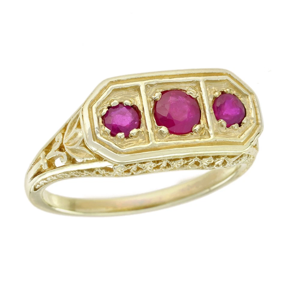 14K Yellow Gold Natural Ruby Vintage Style Three Stone Ring - Image 2 of 4