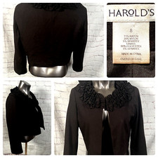 Harold's Womens Size 8 Black Ruffle Open Front Party Cocktail Jacket