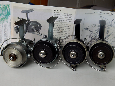 Early versions of 1950-60s' vintage ABU Record 444 spinning reels