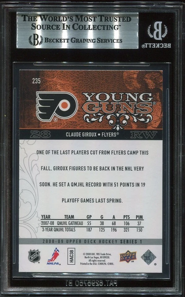 CLAUDE GIROUX signed auto 2008-09 UD YOUNG GUNS ROOKIE CARD RC YG BECKETT BAS - Image 2 of 2