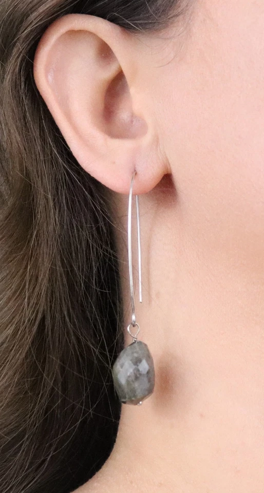 Sterling Silver Natural Labradorite Earrings Dangle Drop 2 3/4" x 5/8" - Image 2 of 4