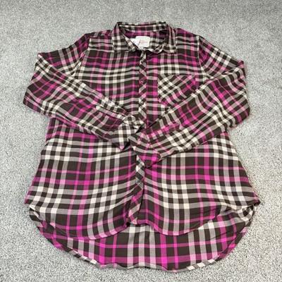 Casa Cabana Flannel Shirt Womens L Plaid Brown Pink Long Sleeve Top Gorpcore New