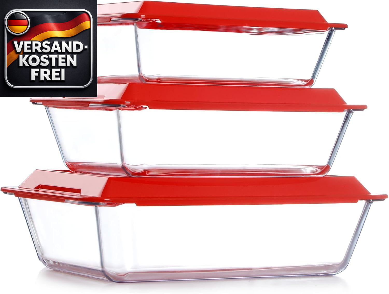 Tiefe Glas Auflaufformen mit Deckel, Lasagneformen, Ofenfest, Rechteckig, Set, 3