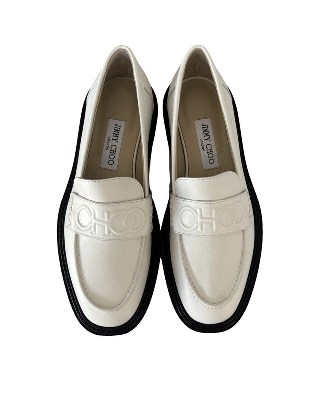 Jimmy Choo Women’s White Leather Slip-On Loafer Flats Logo US 8 EU 39
