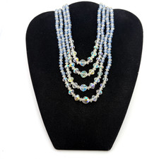 Vintage Bib Choker Necklace 4 Strand Blue Clear Crystal Mix Silver Tone JAPAN