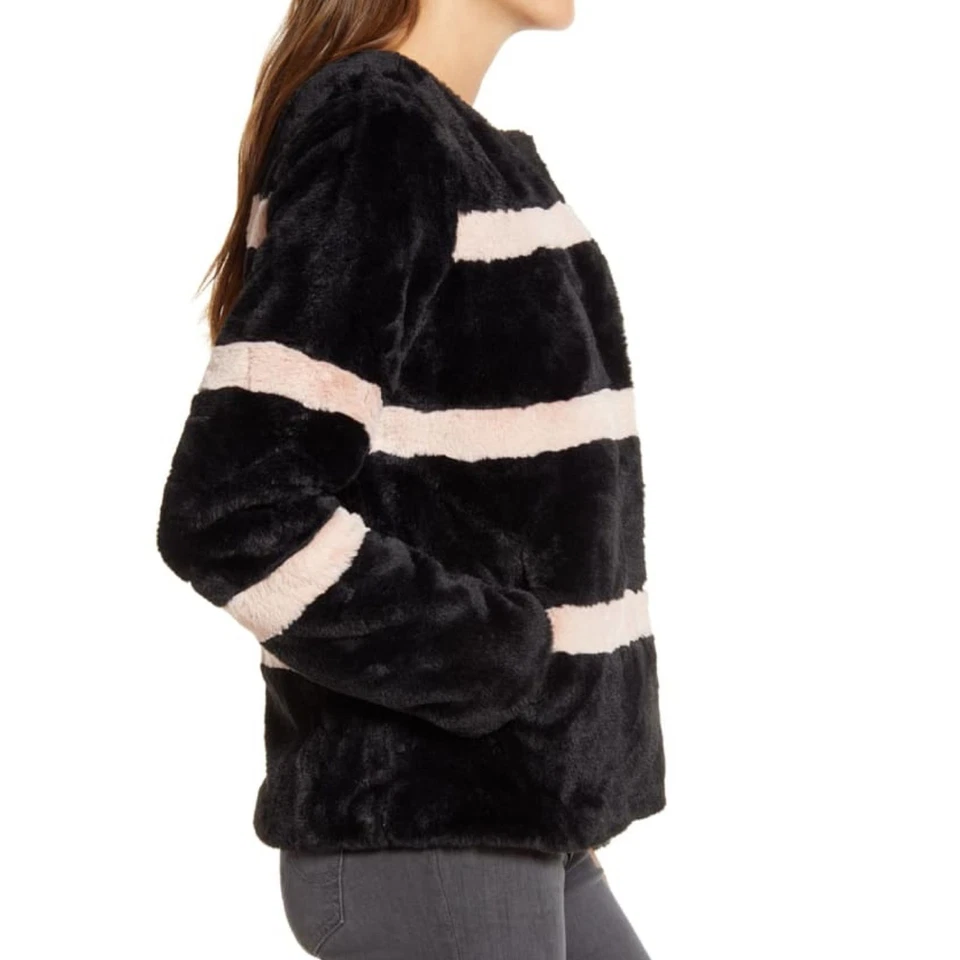 Rachel Parcell Stripe Faux Fur Jacket Black Pink Smoke S - Image 3 of 4