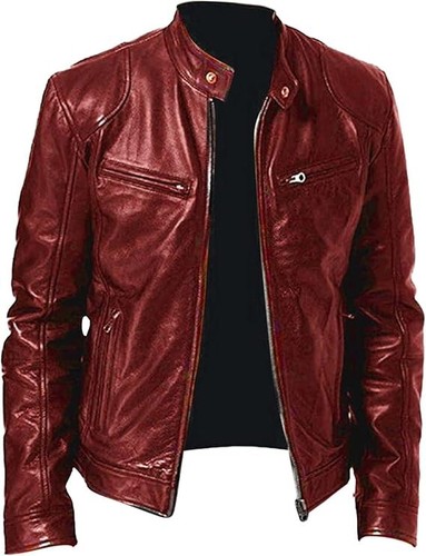 Men Real Sheep Cafe Racer Maroon Leather Casual Slim Fit Real Biker Jacket - Picture 3 of 5