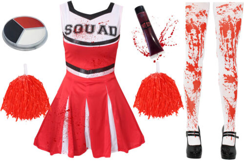 LADIES RED ZOMBIE CHEERLEADER COSTUME ADULT HALLOWEEN HORROR FANCY DRESS OUTFIT - Picture 1 of 8