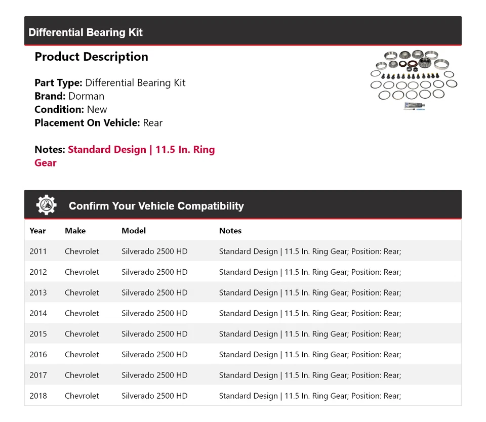 Kit de cojinete diferencial trasero Dorman para Chevrolet Silverado 2500 HD 2011-2018 Foto 2 de 4