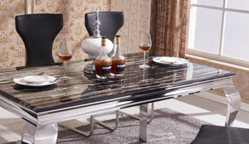 Marble 130, 160, 180 cm Dining Table with 6 Velvet Chairs Black Cream Grey White - Picture 10 of 64