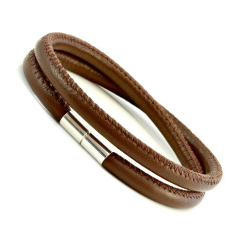 Mens/Ladies Brown Leather Wrap bracelet-Sterling Silver Clasp Nappa Leather - Afbeelding 1 van 7