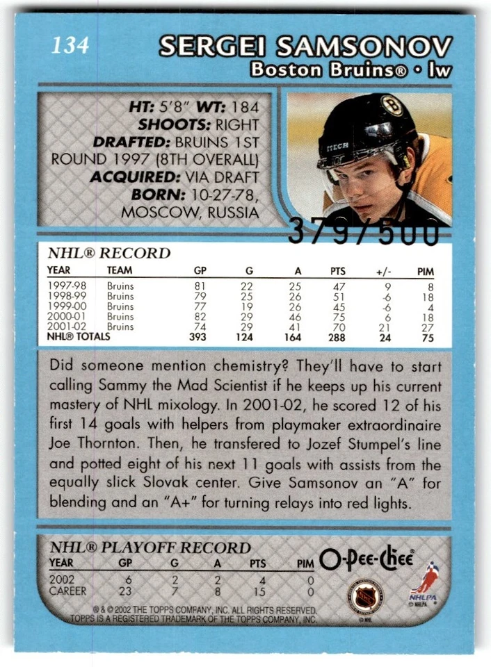 2002-03 O-Pee-Chee Premier Blue Sergei Samsonov /500 #134 Boston Bruins - Image 2 of 2