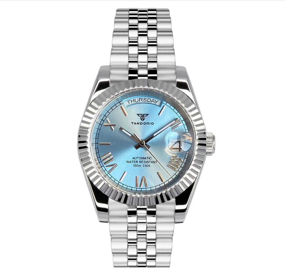 Relojes Tandorio 2025 Nuevo Día-Fecha Azul Hielo Romano Esfera Sunburst Zafiro NH36A Foto 3 de 4