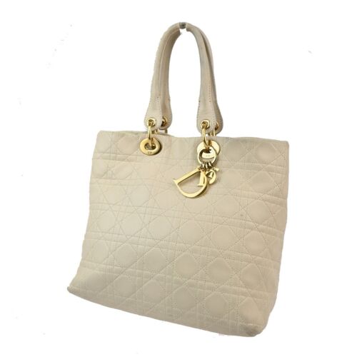 CHRISTIAN DIOR Logo Lady Cannage Tote Hand Bag Leather Ivory Italy 86FA467 - Picture 1 of 16