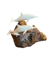 Vtg  John Perry Handcrafted 3 Dolphins Sculpture Burl Wood Art Figurine