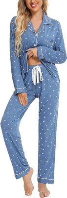 NEW LEIKAR SOFT PAJAMA SET WOMEN SZ S BLUE STARS BUTTONS ELASTIC WAIST NWT $54
