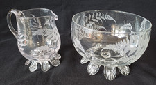 Antique Victorian Style 1930's Fern Engraved Glass Cream Jug & Bowl UV Reactive