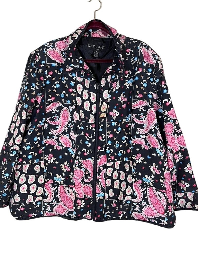 Silkland Silk Floral Jacket 3X Black Beaded Paisley Full Zip Boho Western Artsy